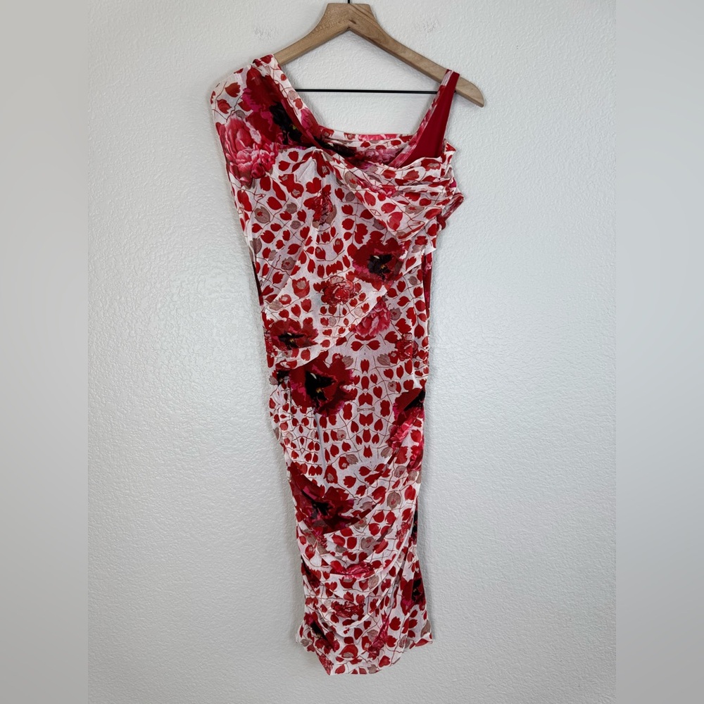 Floral Red Midi Dress - Women's Strapless Bodycon - Picture 10 of 13